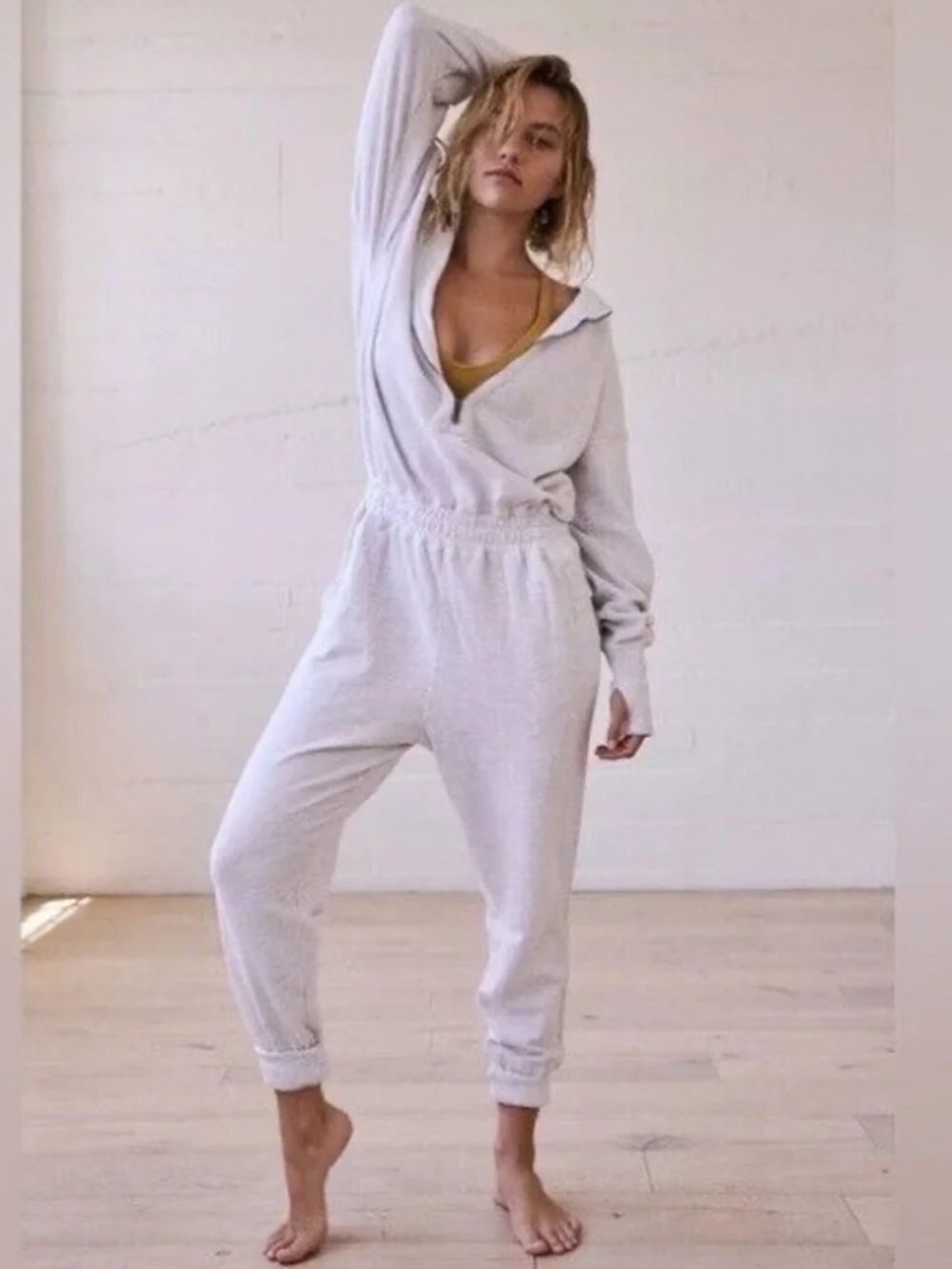 Free People Movement Training Day Jumpsuit Long Sleeve White Heather Small NEW